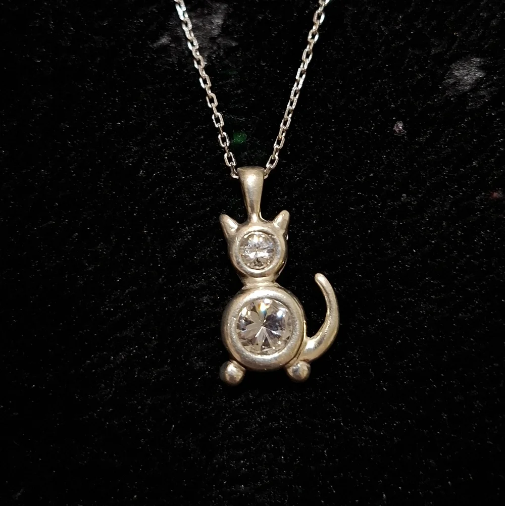 🐈Vintage 925 Sterling Silver Cubic Zirconia CZ Kitty Cat Necklace